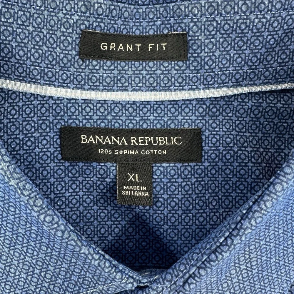 Banana Republic Mens XL Grant Fit Shirt Blue Geometric 120s Supima Cotton Dress